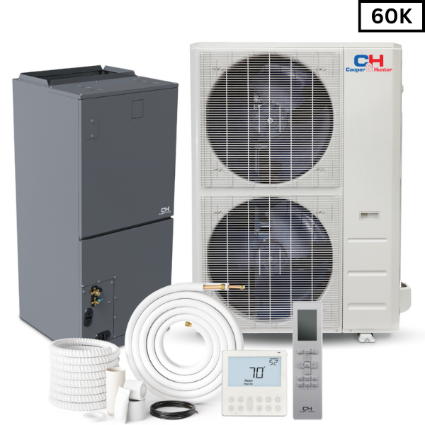 Cooper & Hunter R410A, 60,000 BTU 5 TON 17 SEER Heat Pump Split System with Multi Position Air Handler Unit Including Optional Installation Kit and Optional Auxiliary Heat Strip - CH-60AHU + CH-N60LCU-230VO - South Mini Splits