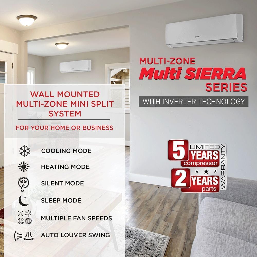 2 Zone OLMO Sierra Multi-Zone, 2 Ton Air Conditioner, 24,000 BTU Dual Zone with 12k+12k BTU Wall Mount Ductless Mini Split A/C and Heater, R410A, 21.3 SEER Inverter Heat Pump, 230V, Dual Head, Choose your Installation Kits! - South Mini Splits