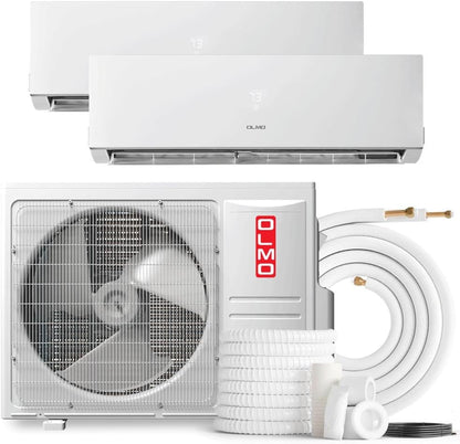 2 Zone OLMO Sierra Multi-Zone, 1.5 Ton Air Conditioner, 18,000 BTU Dual Zone with 9k+9k BTU Wall Mount Ductless Mini Split A/C and Heater, 21.3 SEER Inverter Heat Pump, 230V, Dual Head (2 Heads), Includes Optional 16ft, 25ft, or 50ft Installation Kits - South Mini Splits