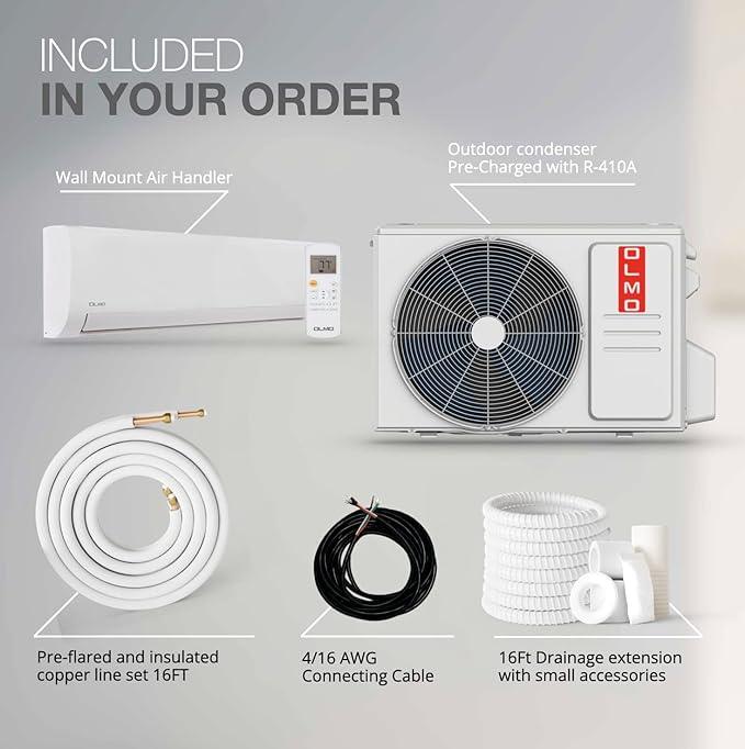 OLMO 12000 BTU 230V 1 Ton 17.6 SEER Mini Split Ductless Air Conditioner Heat Pump, Alpic Eco Series + Installation Kit Option - South Mini Splits
