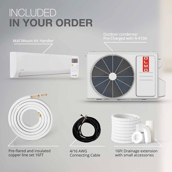 OLMO 12000 BTU 115V 17.4 SEER 1 Ton Mini Split Ductless Air Conditioner Heat Pump, Alpic Eco Series + Installation Kit Option - South Mini Splits