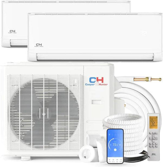 2 Zone Cooper & Hunter Olivia Series 2 Ductless Mini Splits 9k+9k BTU Wall Mounts and 24.6 SEER 28K BTU Heat Pump with 25ft Installation Kit + WIFI Adapter - South Mini Splits