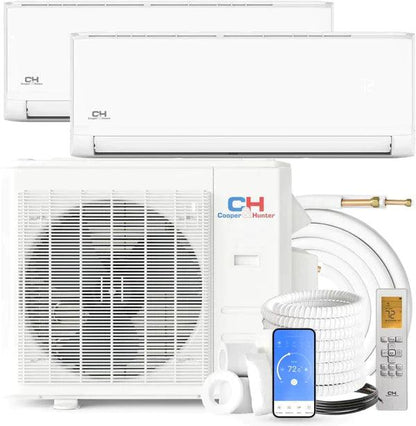 2 Zone Cooper & Hunter OLIVIA Series 2 Ductless Mini Split 12k+18k A/C Wall Mounts and 28000BTU Heat Pump 24.9 SEER with 25ft Installation Kit + WIFI Adapter - South Mini Splits