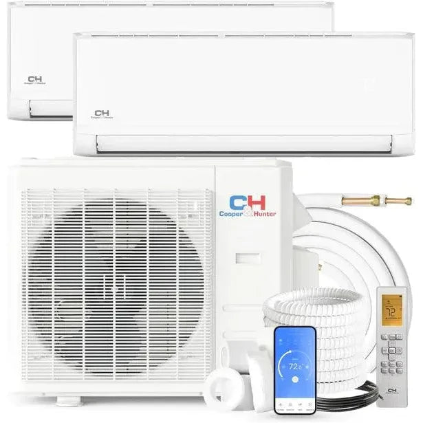 Cooper & Hunter 2 Zone 12k+12k OLIVIA Series, 18000 BTU Wall Mount 22.9 SEER 2 Ductless Mini Split A/C and Heat Pump with 25ft Installation Kit + WIFI Adapter - South Mini Splits