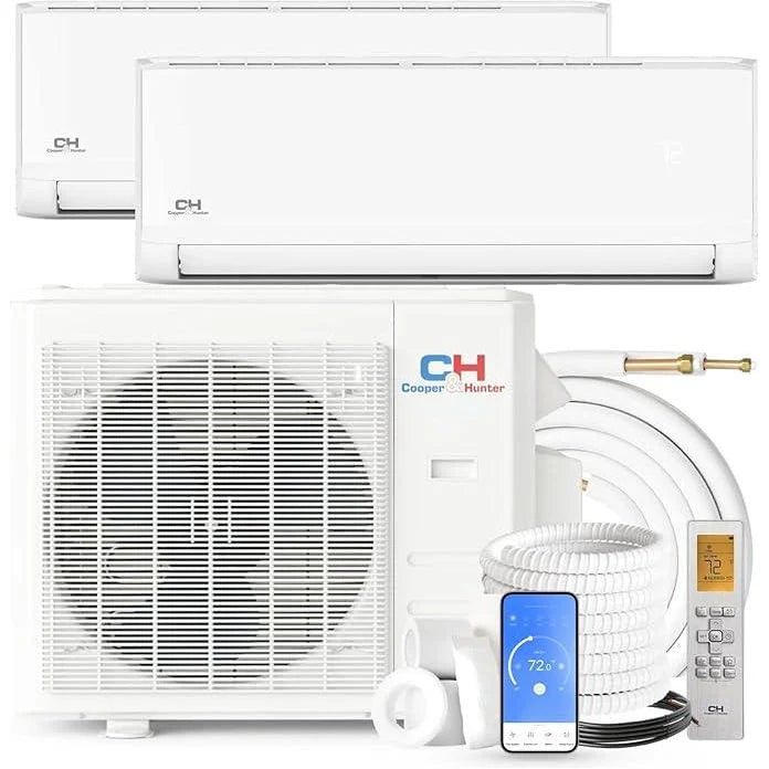 2 Zone Cooper & Hunter Olivia Series, 1.5 Ton Air Conditioner, Ductless Mini Split with 12k+12k BTU Wall Mounts, R410A, 22.9 SEER 18K BTU Inverter Heat Pump, 230V, Dual Head (2 Heads), Choose Install Kit + WIFI Adapter - South Mini Splits
