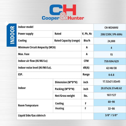 Cooper&Hunter 24,000 BTU 2 TON 20 SEER Heat Pump Split System with Multi Position Air Handler and Optional Installation Kit + Auxiliary Heat Option - South Mini Splits