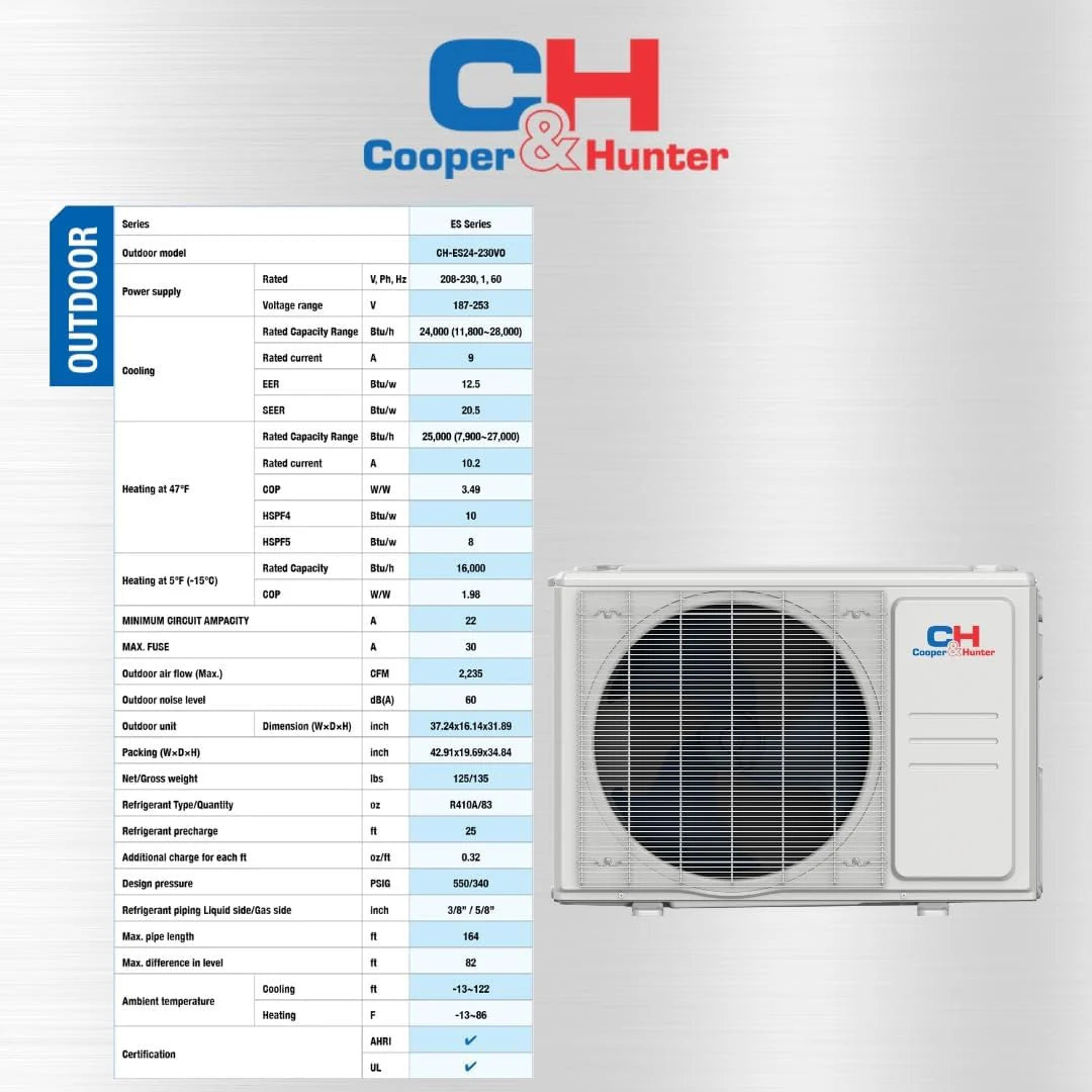 Cooper & Hunter 48,000 BTU 4 TON 16.2 SEER Heat Pump Split System with Multi Position Air Handler Unit and optional Installation Kit and Optional Auxiliary Heat Strip - South Mini Splits