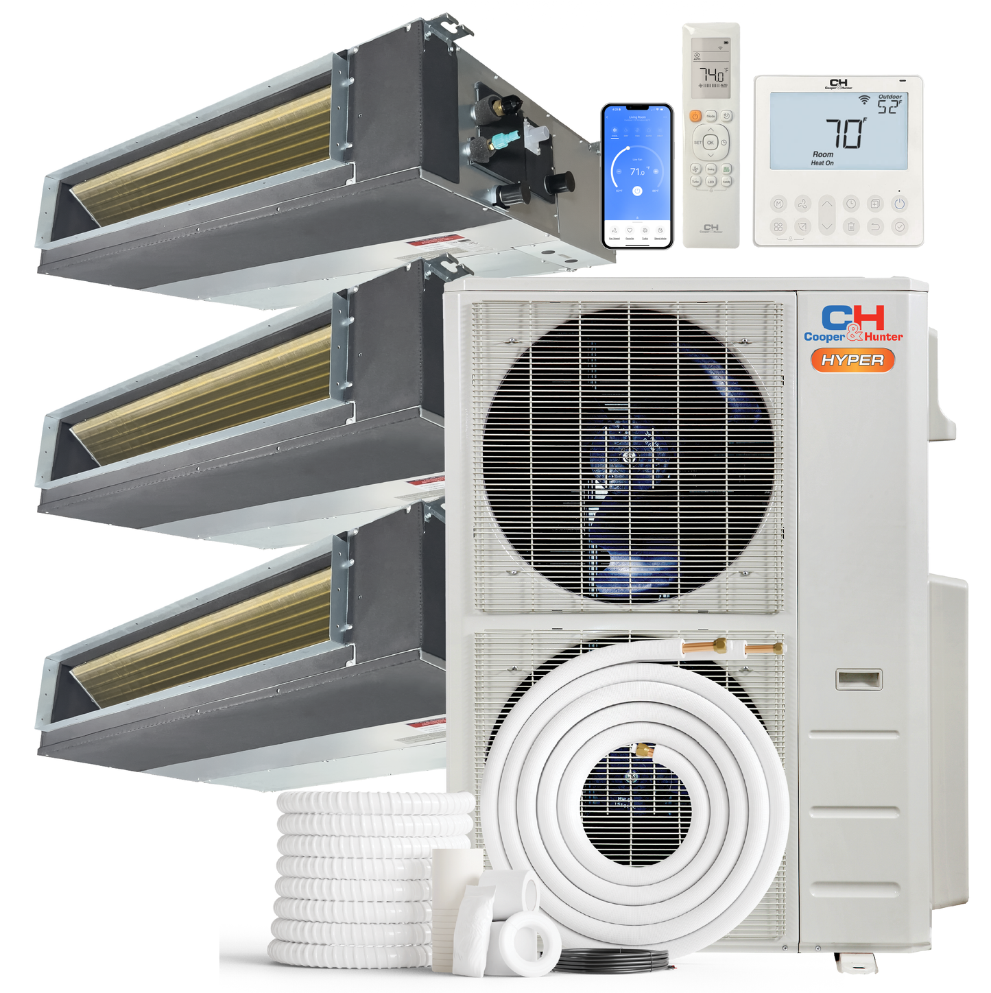 Cooper&Hunter Hyper Heat 3-Zone Ducted Mini Split AC & Heat Pump -- 55000 BTU (4.6 Ton) Without Shut-off Valves, Slim Ducts Units (9K+9K+18K) BTU, Inverter Technology, 230V, Heating & Cooling