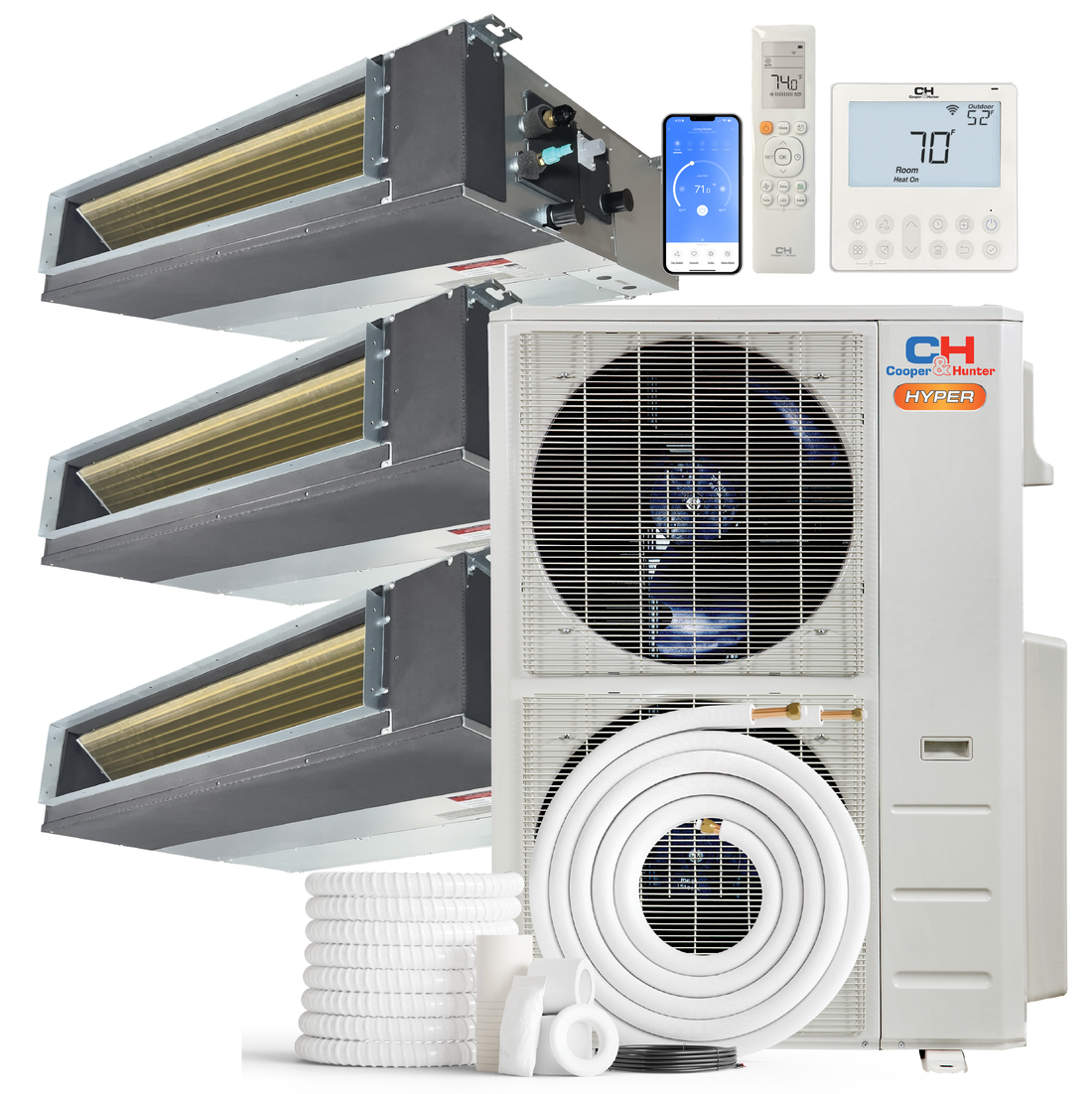 Cooper&Hunter Hyper Heat 3-Zone Ducted Mini Split AC & Heat Pump -- 48000 BTU (4.0 Ton) Without Shut-off Valves, Slim Ducts Units (12K+12K+24K) BTU, Inverter Technology, 230V, Heating & Cooling