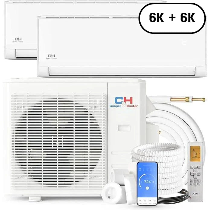 2 Zone Cooper & Hunter Olivia Series, 1.5 Ton Air Conditioner, Ductless Mini Split with 6k+6k BTU Wall Mounts, R410A, 22.9 SEER 18K BTU Inverter Heat Pump, 230V, Dual Head (2 Heads), Includes Choose your Installation Kits + WIFI Adapter