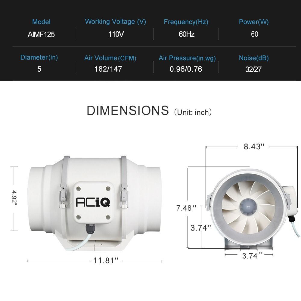 ACiQ 5 Inch Mixed Flow Inline Duct Fan - White