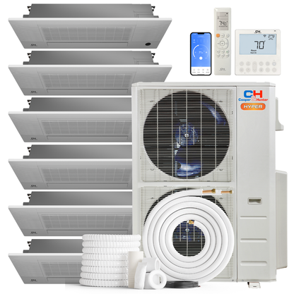 Cooper&amp;Hunter Hyper Heat 6-Zone Ductless Mini Split AC &amp; Heat Pump -- 55000 BTU (4.6 Ton) Without Shut-off Valves, One-Way Cassette Units (9K+9K+9K+9K+9K+12K) BTU, Inverter Technology, 230V, Heating &amp; Cooling