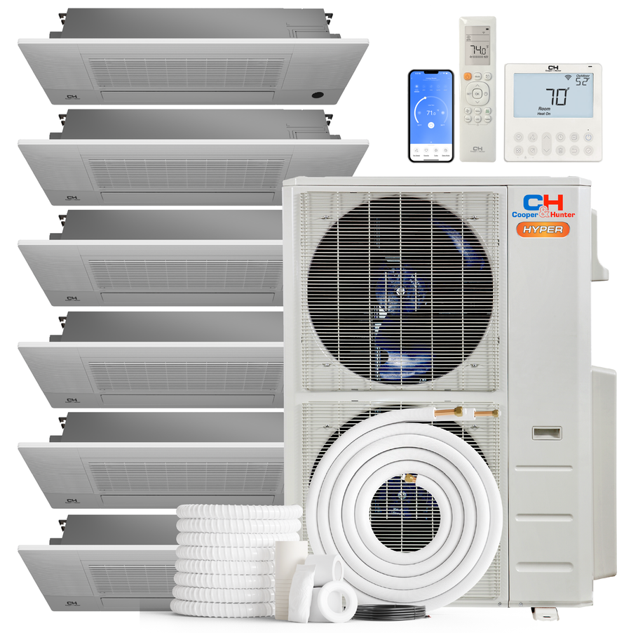 Cooper&Hunter Hyper Heat 6-Zone Ductless Mini Split AC & Heat Pump -- 48000 BTU (4.0 Ton) Without Shut-off Valves, One-Way Cassette Units (9K+9K+9K+9K+9K+9K) BTU, Inverter Technology, 230V, Heating & Cooling