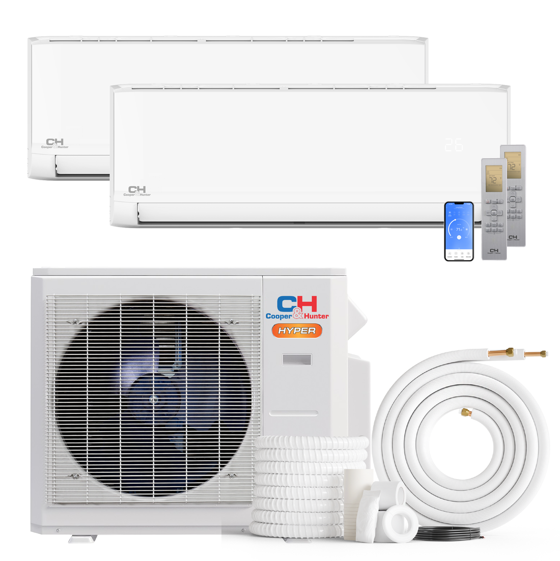 South Mini Splits | Cooper&Hunter Hyper Heat Olivia Series 2-Zone Ductless Mini Split AC & Heat Pump -- 19000 BTU (1.6 Ton) Without Shut-off Valves, Wall Mount Units (6K+9K) BTU, Inverter Technology, 230V, Heating & Cooling 