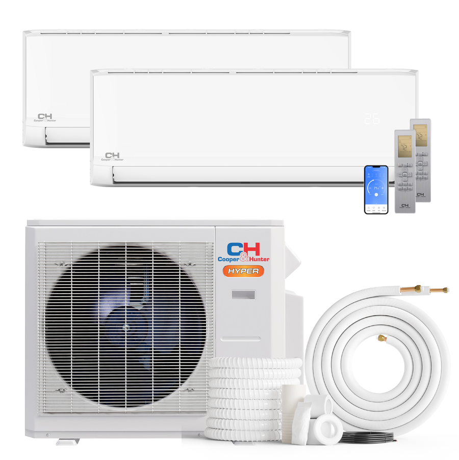 South Mini Splits | Cooper&Hunter Hyper Heat Olivia Series 2-Zone Ductless Mini Split AC & Heat Pump -- 19000 BTU (1.6 Ton) Without Shut-off Valves, Wall Mount Units (12K+24K) BTU, Inverter Technology, 230V, Heating & Cooling 