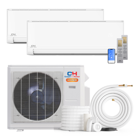Cooper&Hunter Hyper Heat Olivia Series 2-Zone Ductless Mini Split AC & Heat Pump -- 28000 BTU (2.3 Ton) Without Shut-off Valves, Wall Mount Units (9K+9K) BTU, Inverter Technology, 230V, Heating & Cooling