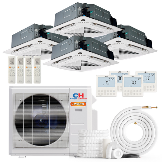 Cooper&Hunter Hyper Heat 4-Zone Ductless Mini Split AC & Heat Pump -- 28000 BTU (2.3 Ton) Without Shut-off Valves, 4-Way Ceiling Cassette Units (9K+12K+12K+12K) BTU, Inverter Technology, 230V, Heating & Cooling
