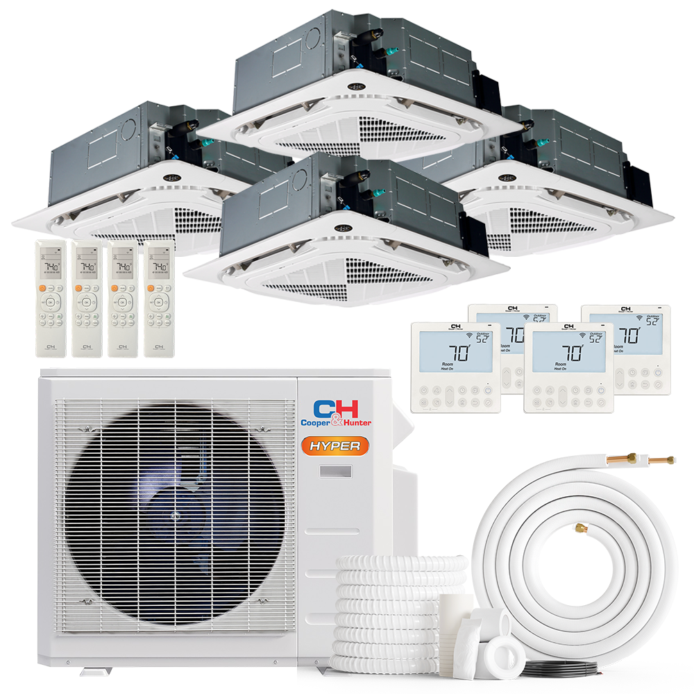 Cooper&Hunter Hyper Heat 4-Zone Ductless Mini Split AC & Heat Pump -- 28000 BTU (2.3 Ton) Without Shut-off Valves, 4-Way Ceiling Cassette Units (12K+12K+12K+12K) BTU, Inverter Technology, 230V, Heating & Cooling