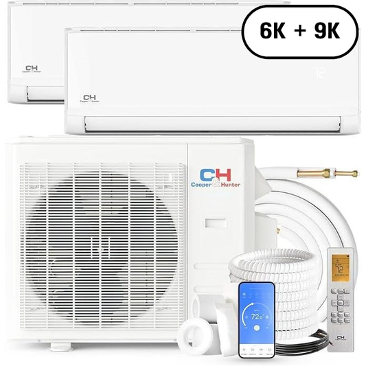 2 Zone Cooper & Hunter Olivia Series, 1.5 Ton Air Conditioner, Ductless Mini Split with 6k+9k BTU Wall Mounts, 22.9 SEER 18K BTU Inverter Heat Pump, 230V, Dual Head (2 Heads), Includes Choice of 25ft or 50ft Installation Kits + WIFI Adapter - South Mini Splits