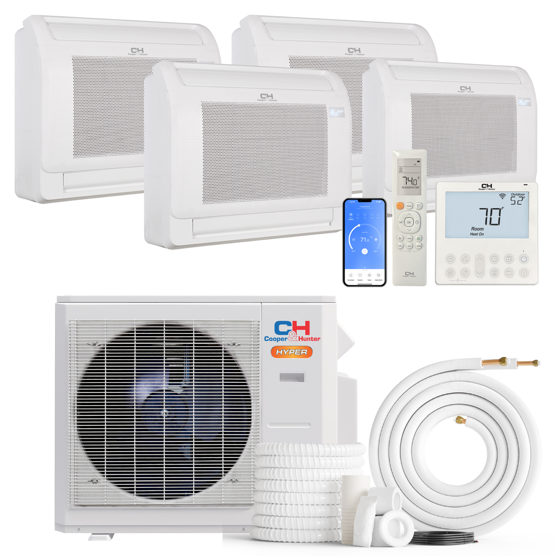 Cooper&Hunter Hyper Heat 4-Zone Ductless Mini Split AC & Heat Pump -- 28000 BTU (2.3 Ton) Without Shut-off Valves, Floor Console Units (9K+9K+9K+18K) BTU, Inverter Technology, 230V, Heating & Cooling