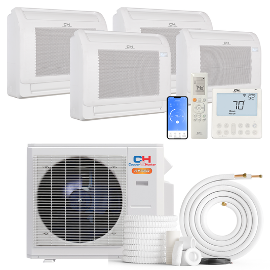 Cooper&Hunter Hyper Heat 4-Zone Ductless Mini Split AC & Heat Pump -- 28000 BTU (2.3 Ton) Without Shut-off Valves, Floor Console Units (9K+9K+12K+12K) BTU, Inverter Technology, 230V, Heating & Cooling