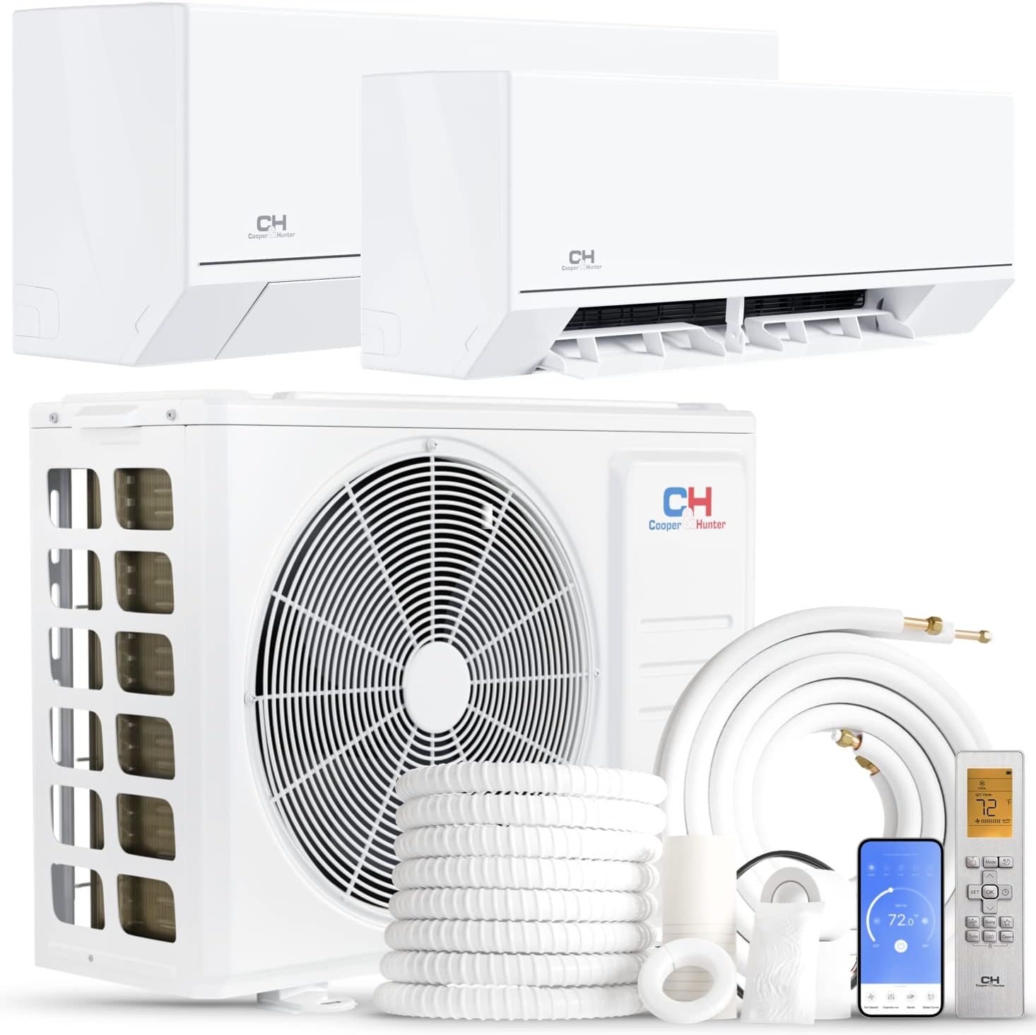 2 Zone Cooper & Hunter Astoria Series Ductless Mini Split A/C, Heat Pump, Inverter System and Heater 12k+18k 28,000 BTU 23.8 SEER 2.3 Ton, 230V with Wall Mount Air Conditioner Handlers and Installation Kits - South Mini Splits