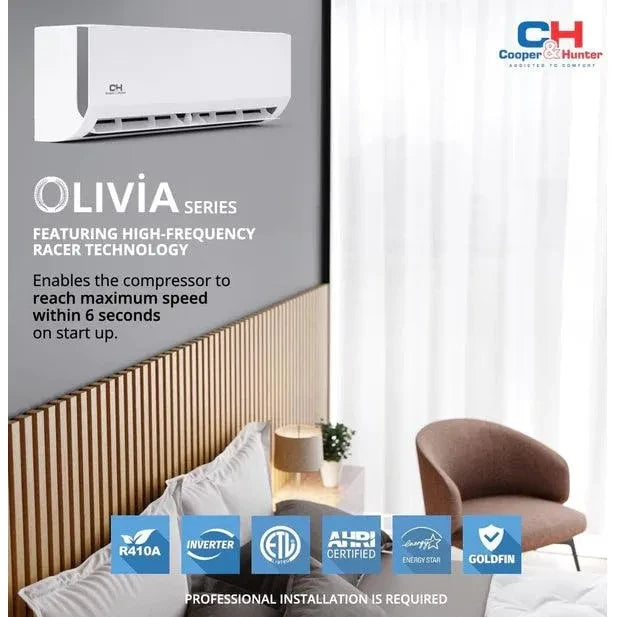 2 Zone Cooper & Hunter Olivia Series 2 Ductless Mini Splits 6k+24k BTU Wall Mounts and 23.9 SEER 36K BTU Heat Pump with 25ft Installation Kit + WIFI Adapter - South Mini Splits