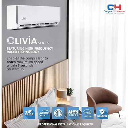 2 Zone Cooper & Hunter Olivia Series, 1.5 Ton Air Conditioner, Ductless Mini Split with 6k+6k BTU Wall Mounts, R410A, 22.9 SEER 18K BTU Inverter Heat Pump, 230V, Dual Head (2 Heads), Includes Choose your Installation Kits + WIFI Adapter