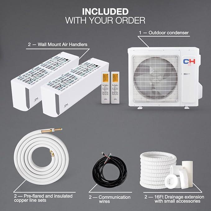 18,000 BTU 2 Zone 12k+12k Wall Mounts with Installation Kits, R410A, 22