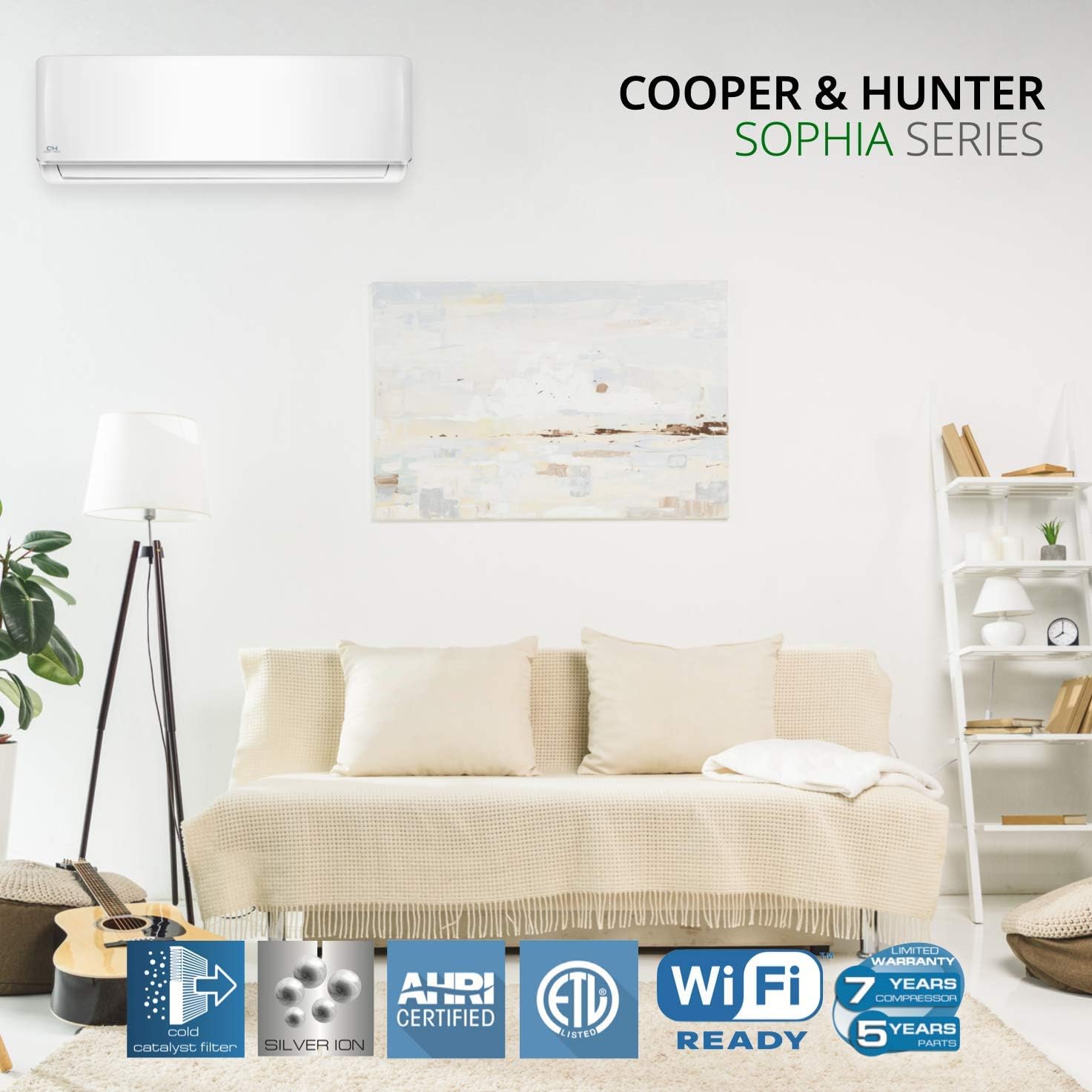 Cooper & Hunter 24,000, 2 Ton BTU 18.9 SEER Mini Split AC/Heating system Sophia Series 208/230V with Installation Kit Wall Mount AC/Heater With WIFI and Optional Installation Kit - South Mini Splits