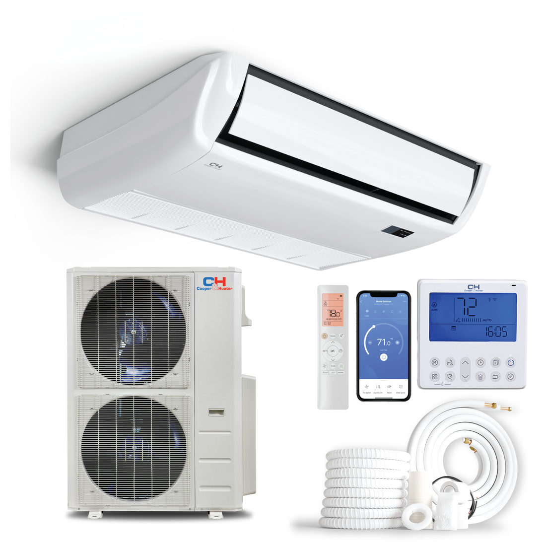 Cooper & Hunter Universal Floor/Ceiling 60,000 BTU 230V, R410A, 16 SEER Ductless Mini Split Air Conditioner With Wi-Fi Thermostat Included , Light Commercial Series, 5 TON Single Zone System + Optional Installation Kit. CH-60LCFC-W + CH-N60LCU-230VO - South Mini Splits