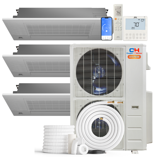 South Mini Splits | Cooper&Hunter Hyper Heat 3-Zone Ductless Mini Split AC & Heat Pump -- 55000 BTU (4.6 Ton) Without Shut-off Valves, One-Way Cassette Units (9K+9K+18K) BTU, Inverter Technology, 230V, Heating & Cooling 