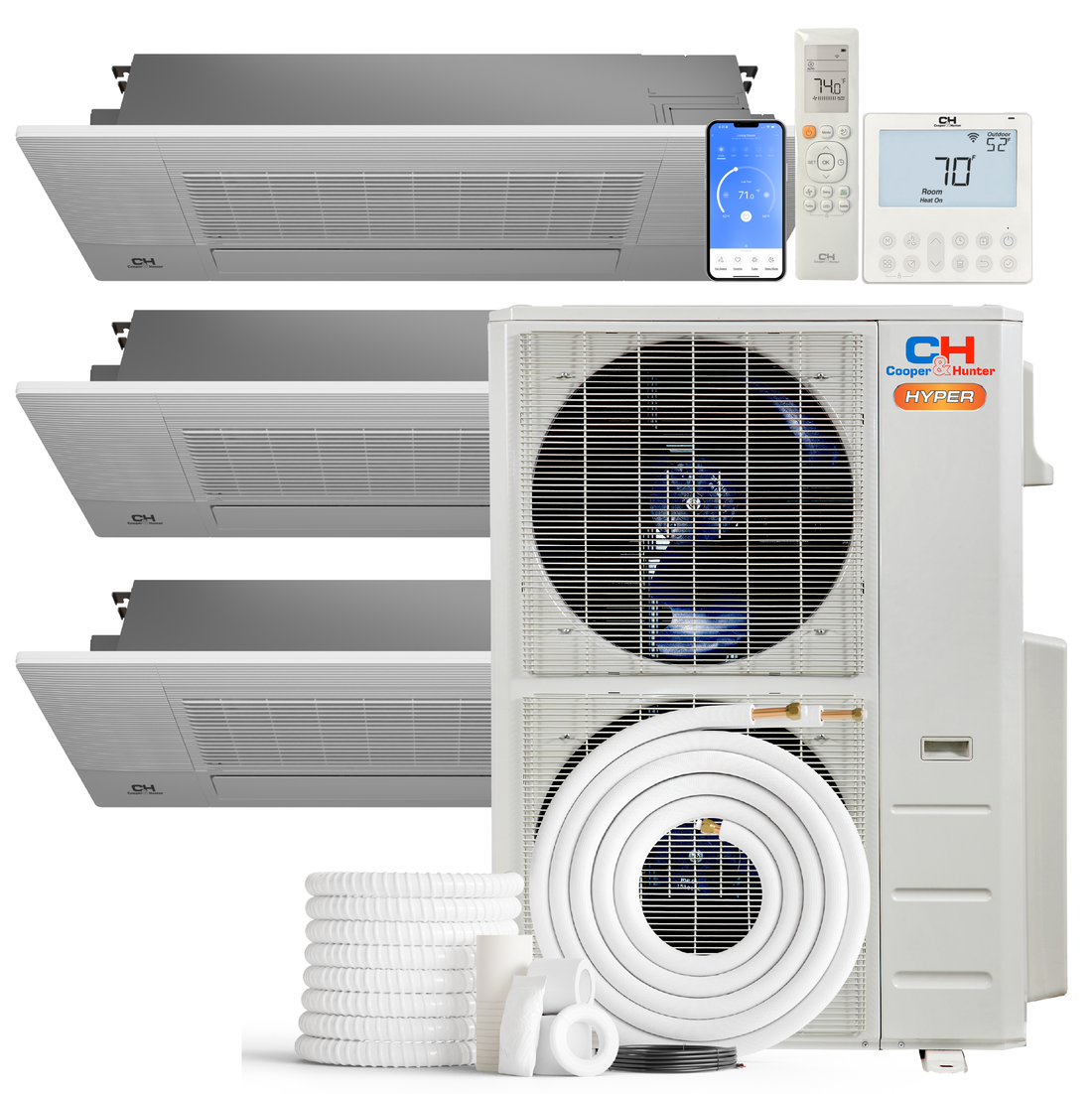 Cooper&Hunter Hyper Heat 3-Zone Ductless Mini Split AC & Heat Pump -- 55000 BTU (4.6 Ton) Without Shut-off Valves, One-Way Cassette Units (6K+12K+12K) BTU, Inverter Technology, 230V, Heating & Cooling