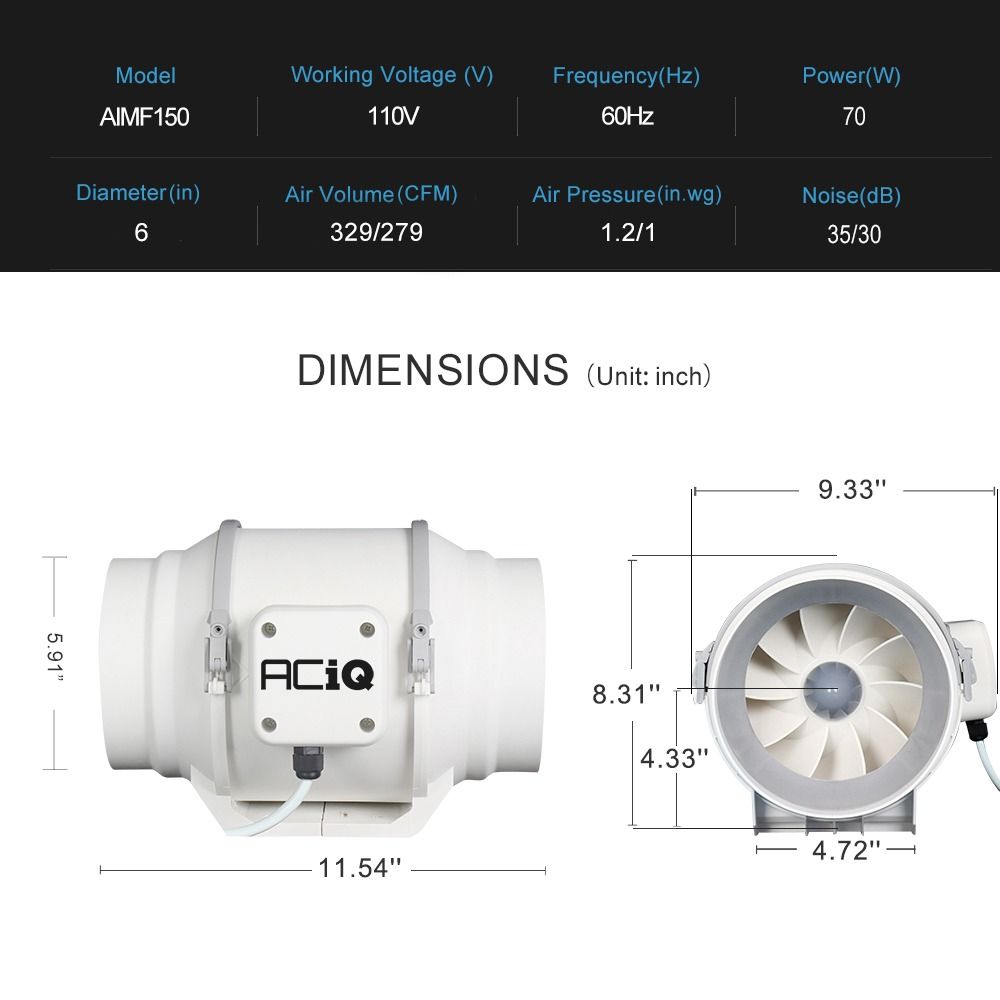 ACiQ 6 Inch Mixed Flow Inline Duct Fan - White