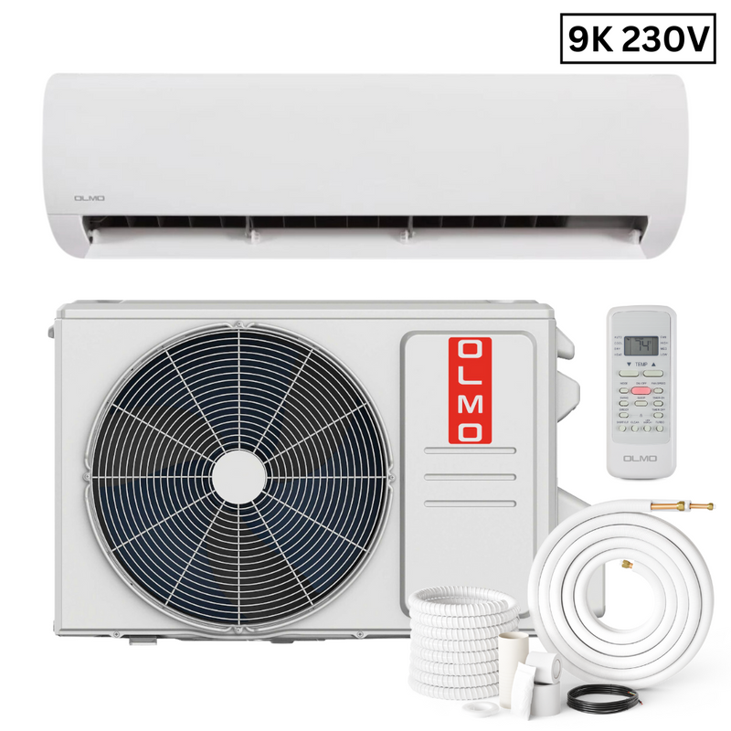 OLMO Alpic Eco Series, R410A, 0.75 Ton Air Conditioner and Heat Pump, 9,000 BTU SIngle zone Mini Split Ductless, 18.5 SEER Inverter System, 230V, Single Head, with Installation Kit Option. SKU OS-EL09ALP230VI + OS-EL09ALP230VO