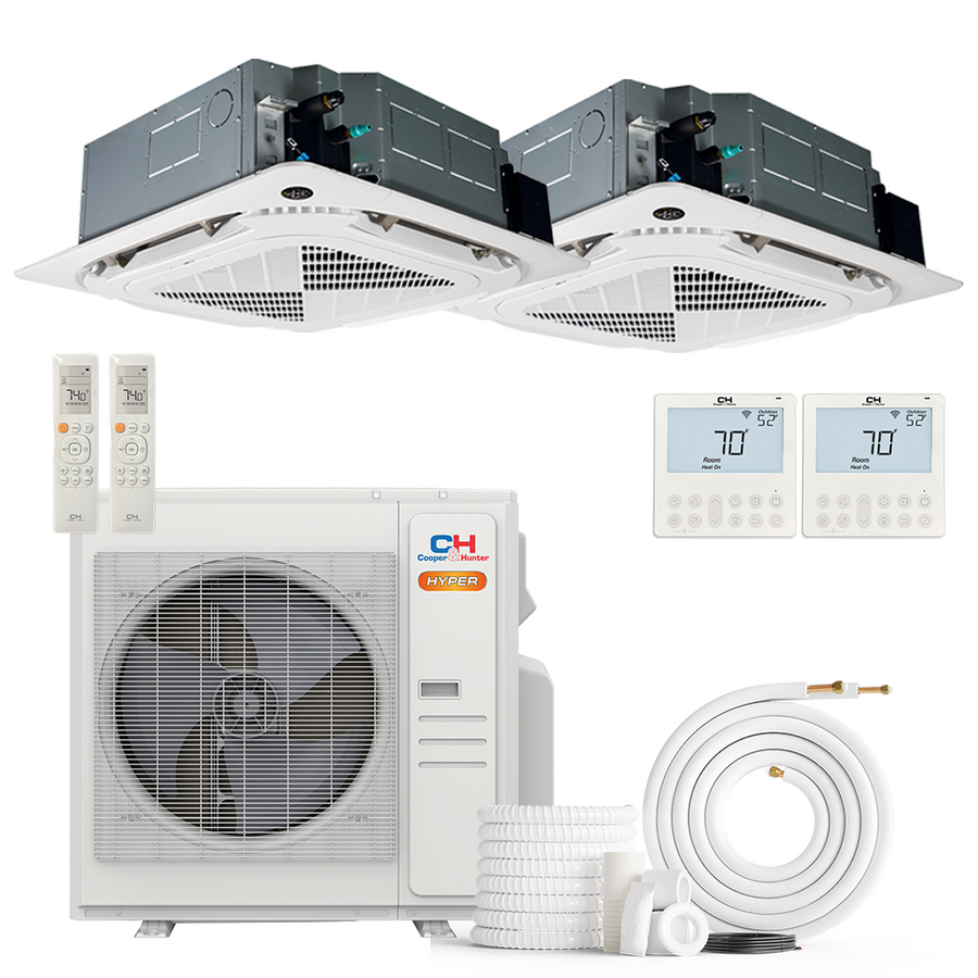 Cooper&Hunter Hyper Heat 2-Zone Ductless Mini Split AC & Heat Pump -- 36000 BTU (3.0 Ton) Without Shut-off Valves, 4-Way Ceiling Cassette Units (12K+12K) BTU, Inverter Technology, 230V, Heating & Cooling