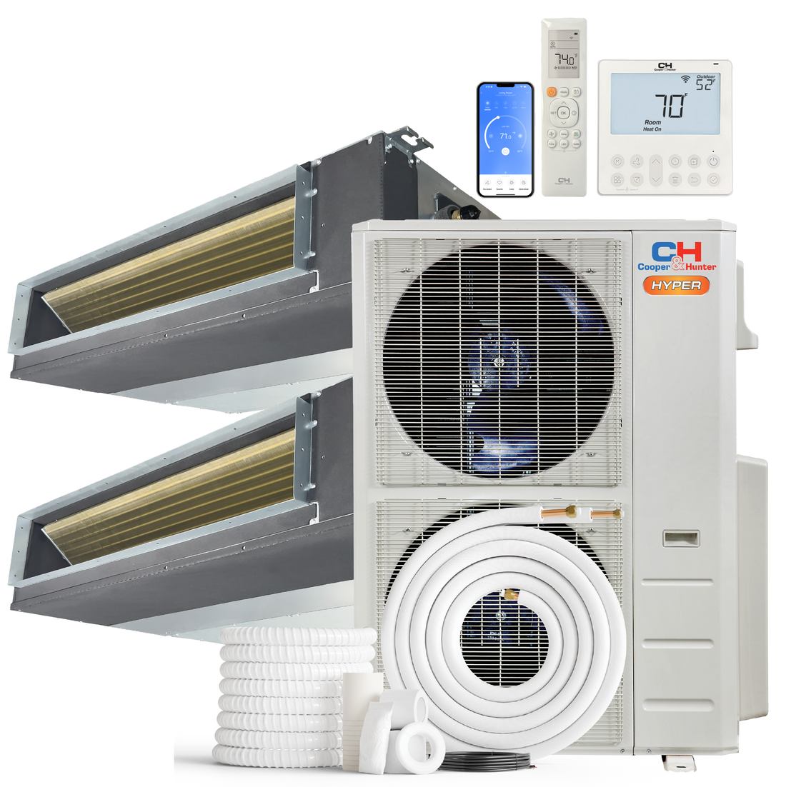 Cooper&Hunter Hyper Heat 2-Zone Ducted Mini Split AC & Heat Pump -- 48000 BTU (4.0 Ton) Without Shut-off Valves, Slim Ducts Units (18K+18K) BTU, Inverter Technology, 230V, Heating & Cooling