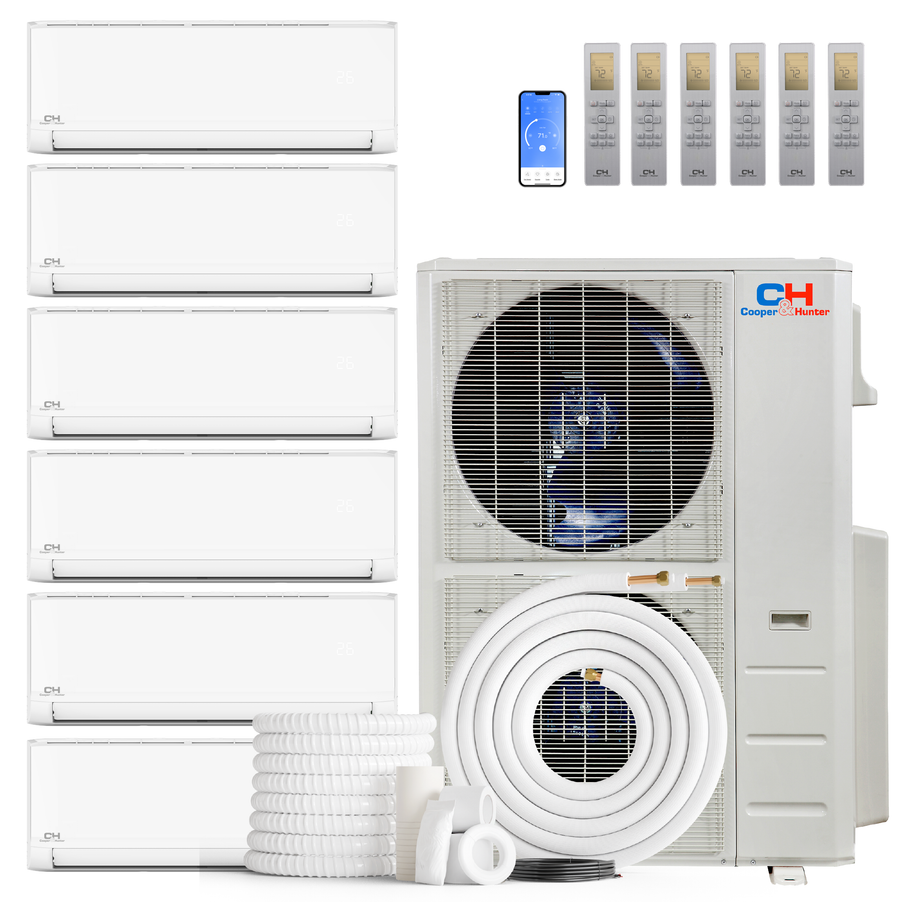 Cooper&Hunter Hyper Heat Olivia Series 6-Zone Ductless Mini Split AC & Heat Pump -- 55000 BTU (4.6 Ton) Without Shut-off Valves, Wall Mount Units (6K+6K+6K+9K+12K+12K) BTU, Inverter Technology, 230V, Heating & Cooling