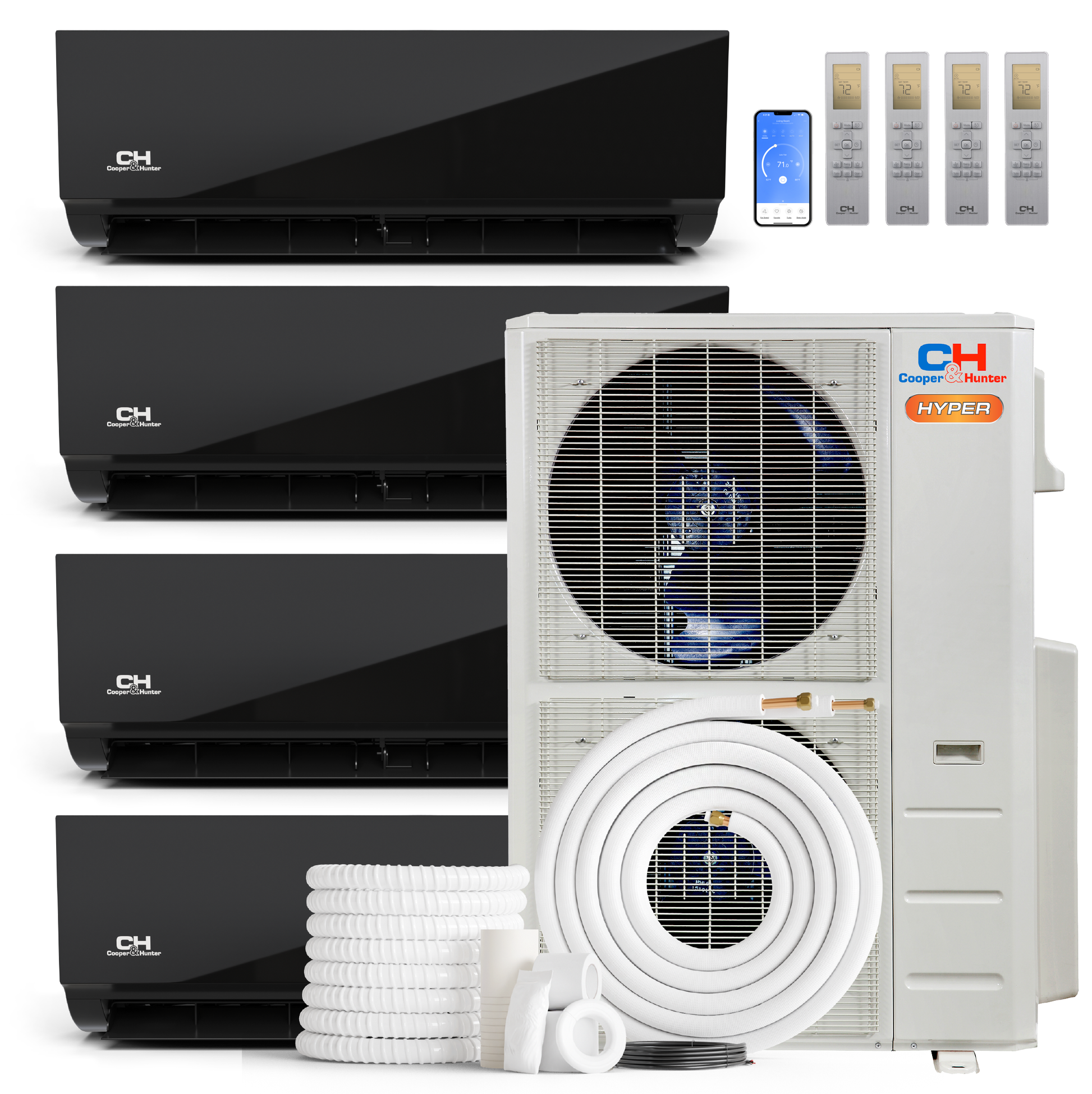 Cooper&Hunter Hyper Heat Olivia Midnight Series 3-Zone Ductless Mini Split AC & Heat Pump -- 55000 BTU (4.6 Ton) Without Shut-off Valves, Wall Mount Units (12K+18K+18K) BTU, Inverter Technology, 230V, Heating & Cooling