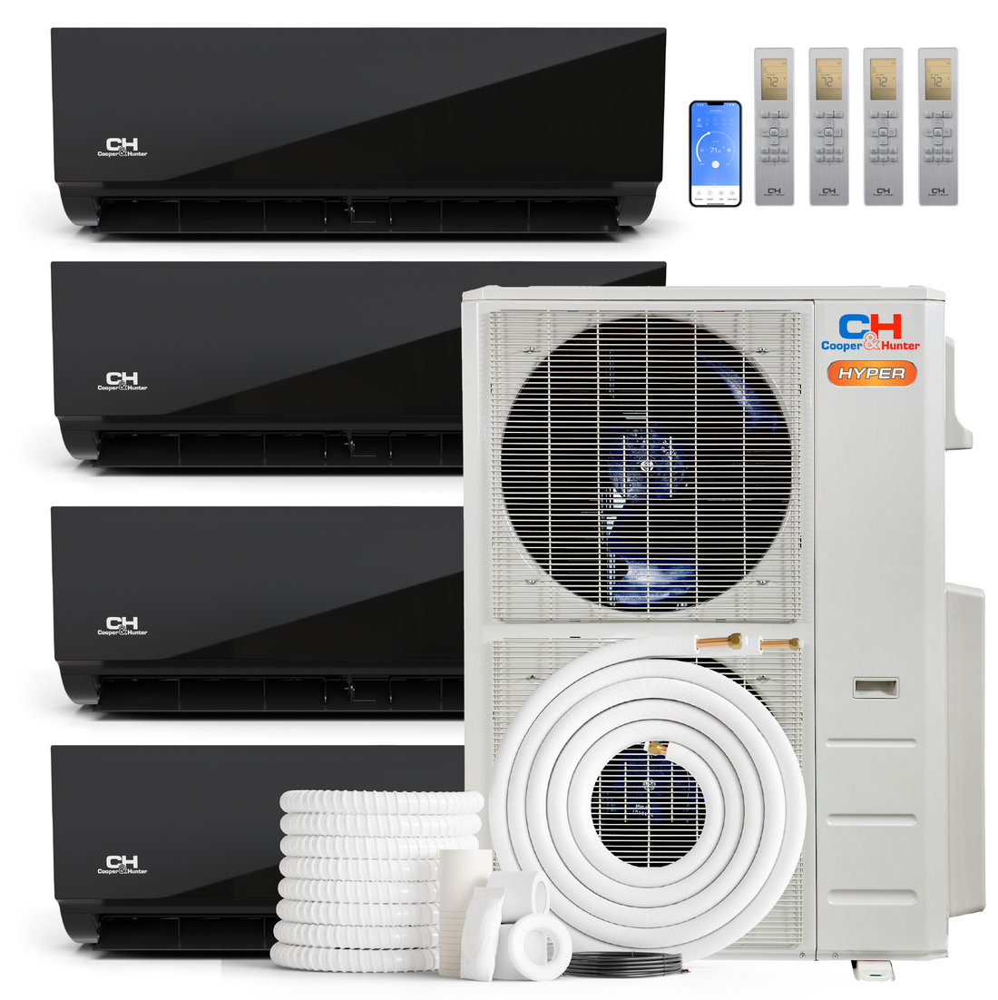 HVACSupplies.com | Cooper&Hunter Hyper Heat Olivia Midnight Series 4-Zone Ductless Mini Split AC & Heat Pump -- 55000 BTU (4.6 Ton) Without Shut-off Valves, Wall Mount Units (9K+9K+9K+24K) BTU, Inverter Technology, 230V, Heating & Cooling 