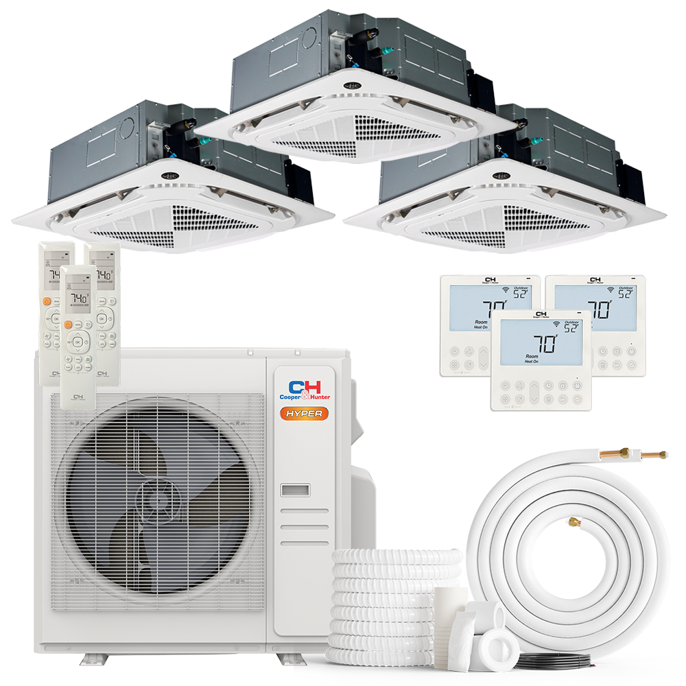 Cooper&Hunter Hyper Heat 3-Zone Ductless Mini Split AC & Heat Pump -- 36000 BTU (3.0 Ton) Without Shut-off Valves, 4-Way Ceiling Cassette Units (9K+12K+12K) BTU, Inverter Technology, 230V, Heating & Cooling