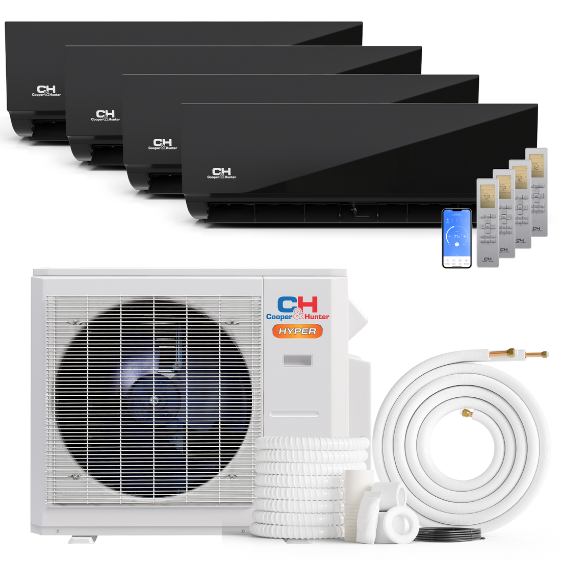 Cooper&Hunter Hyper Heat Olivia Midnight Series 4-Zone Ductless Mini Split AC & Heat Pump -- 28000 BTU (2.3 Ton) Without Shut-off Valves, Wall Mount Units (12K+12K+12K+12K) BTU, Inverter Technology, 230V, Heating & Cooling