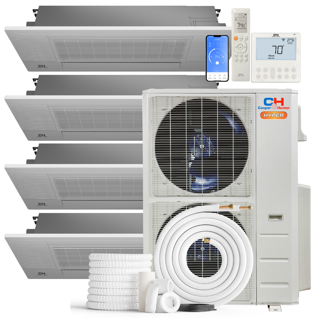 Cooper&Hunter Hyper Heat 4-Zone Ductless Mini Split AC & Heat Pump -- 55000 BTU (4.6 Ton) Without Shut-off Valves, One-Way Cassette Units (6K+9K+18K+18K) BTU, Inverter Technology, 230V, Heating & Cooling
