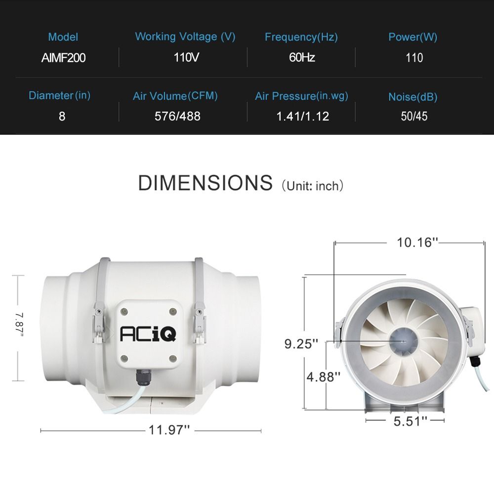 ACiQ 8 Inch Mixed Flow Inline Duct Fan - White
