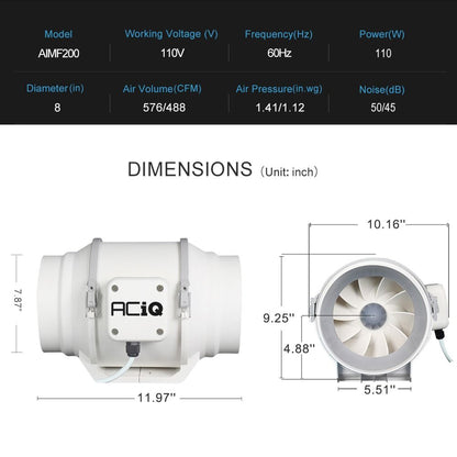 ACiQ 8 Inch Mixed Flow Inline Duct Fan - White