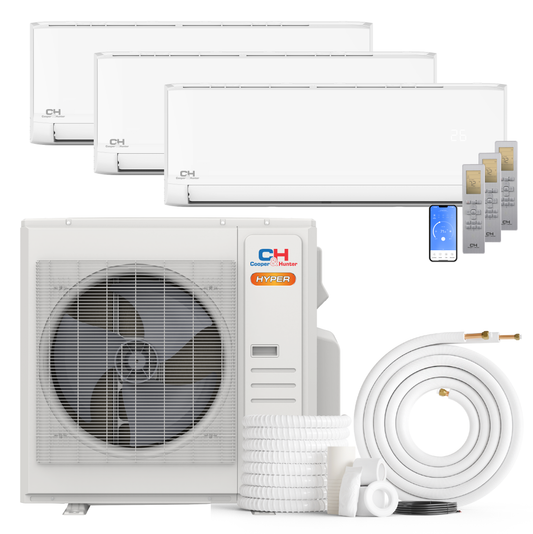 South Mini Splits | Cooper&Hunter Hyper Heat Olivia Series 3-Zone Ductless Mini Split AC & Heat Pump -- 36000 BTU (3.0 Ton) Without Shut-off Valves, Wall Mount Units (9K+12K+12K) BTU, Inverter Technology, 230V, Heating & Cooling 