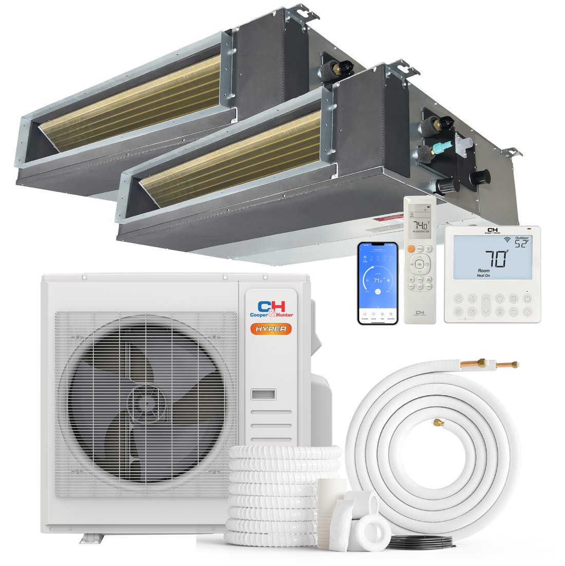 Cooper&Hunter Hyper Heat 2-Zone Ducted Mini Split AC & Heat Pump -- 36000 BTU (3.0 Ton) Without Shut-off Valves, Slim Ducts Units (18K+24K) BTU, Inverter Technology, 230V, Heating & Cooling