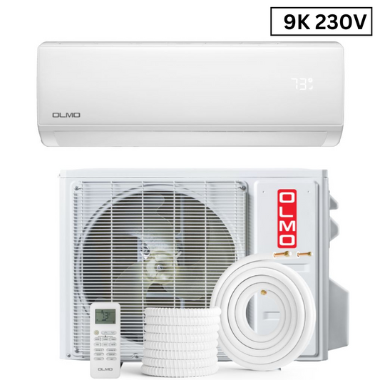 OLMO Sierra Series, R32 Mini Split, 9,000 BTU 230V Single Zone 0.75 Ton High Wall Air Conditioner and Heat Pump, Ductless Inverter System, 22.5 SEER Single Head, with WI-FI and 16FT Installation Kit Included, OS-09SRW-230VI + OS-SR09-230VO