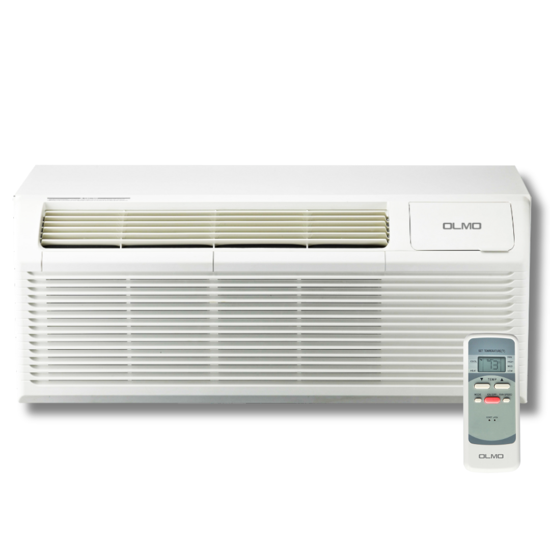 OLMO 9,000 BTU Smart PTAC Packaged Terminal Air Conditioner with heat strip, through-the-wall system with optional sleeve and grill. Includes an electric cord and remote control.
