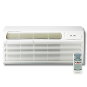 OLMO 9,000 BTU Smart PTAC Packaged Terminal Air Conditioner with heat strip, through-the-wall system with optional sleeve and grill. Includes an electric cord and remote control.